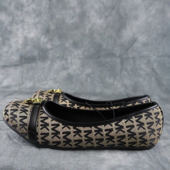Michael Kors "Freeda" Tan/Black Monogram Ballet Flats Gold Metal Logo US 5  s304 - Picture 1 of 7